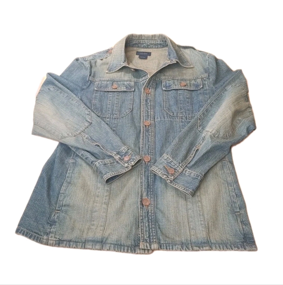 Express Military Jean Jacket Woman Large Blue Denim Button Elbow Patches Utility - Picture 3 of 12